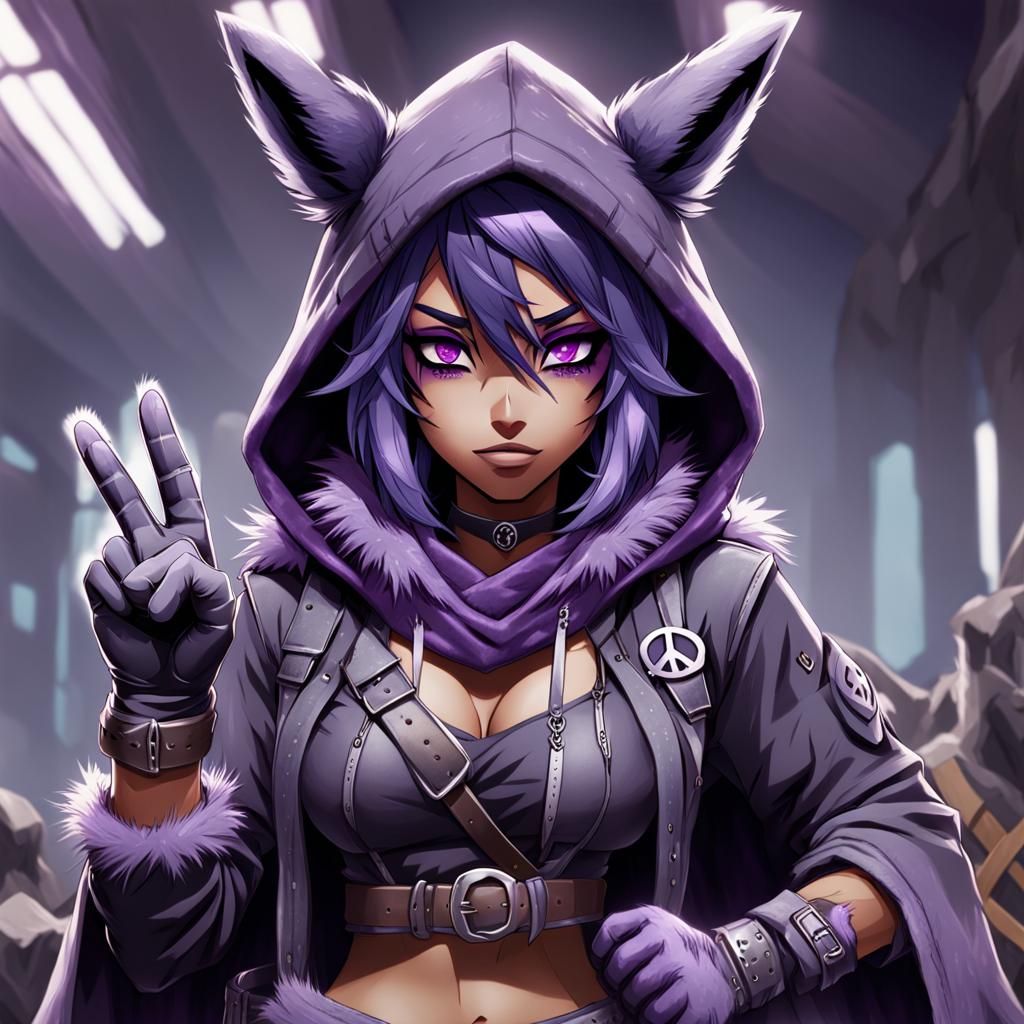 Raven Team Leader, 1girl, purple hood, animal ears, shaded face, purple skin, scar on eye, (furry), (body fur:1.2), purp...