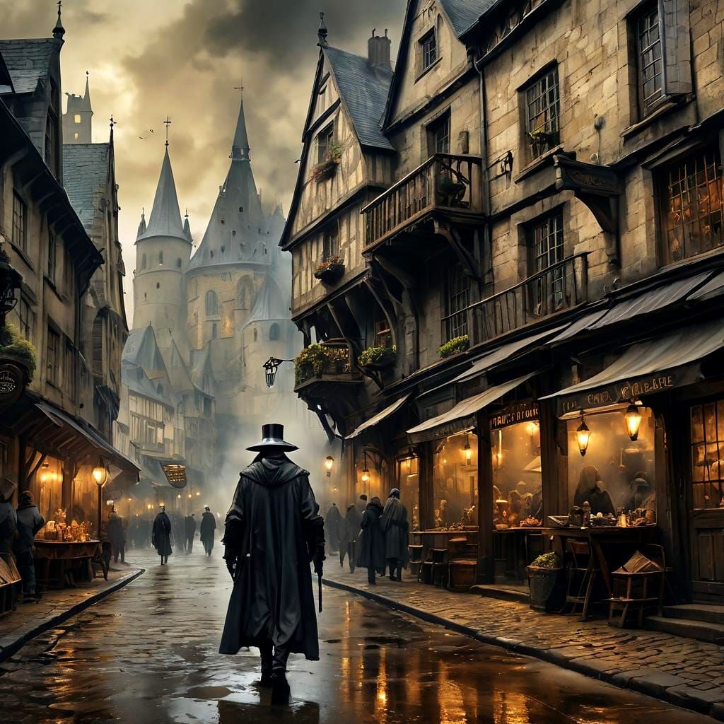 Steampunk Plague Doctor in Foggy Medieval Street
