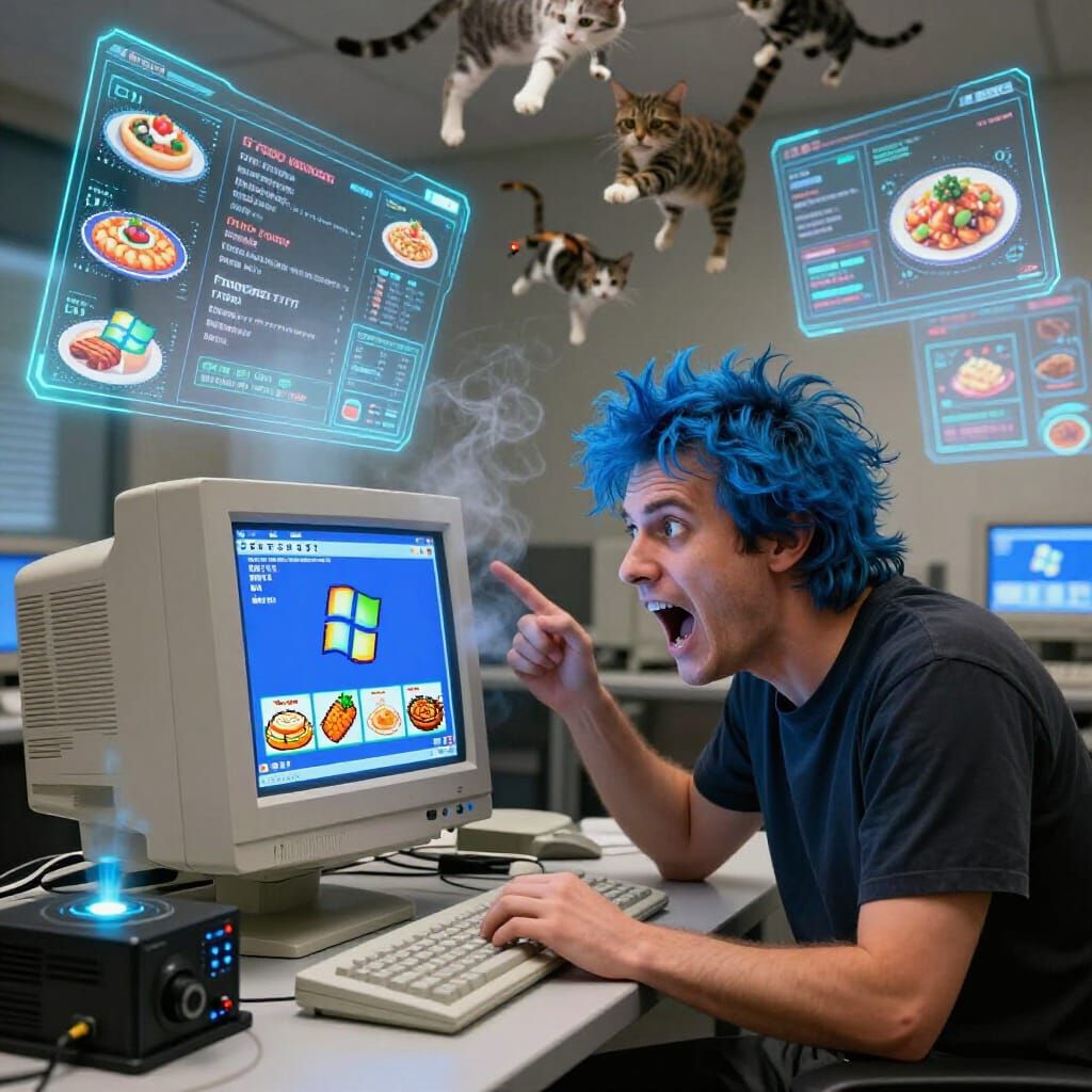 Man Orders Food with Smoking Computer and Holographic Menus