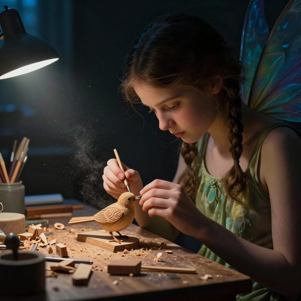Fairy Crafts Wooden Bird with Chiaroscuro Lighting