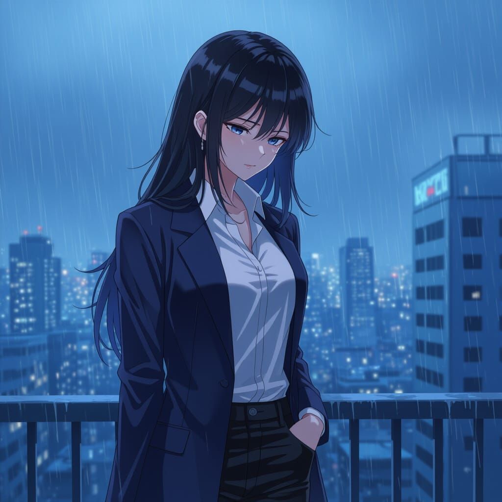 Anime Girl on Skyscraper in Rain, Hidden Sadness