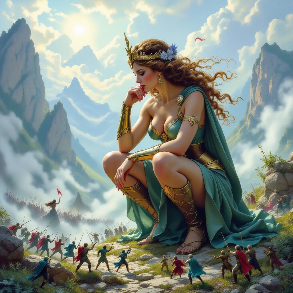 Giantess Minerva Observes Miniature War in Ethereal Fantasy
