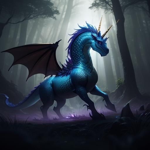 Dragon and Unicorn Play Fighting in Mystical Forest