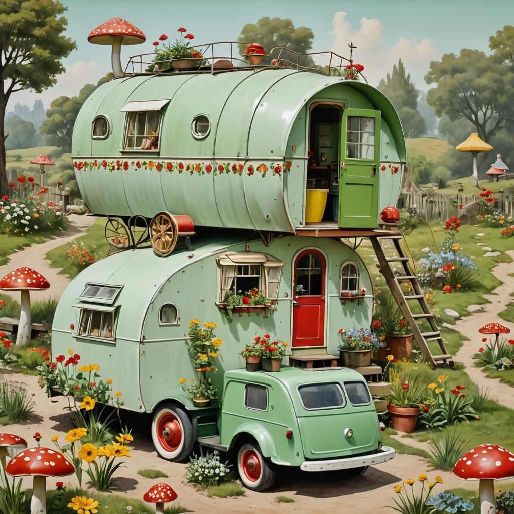 Whimsical Gypsy Caravan with Mushroom Roof