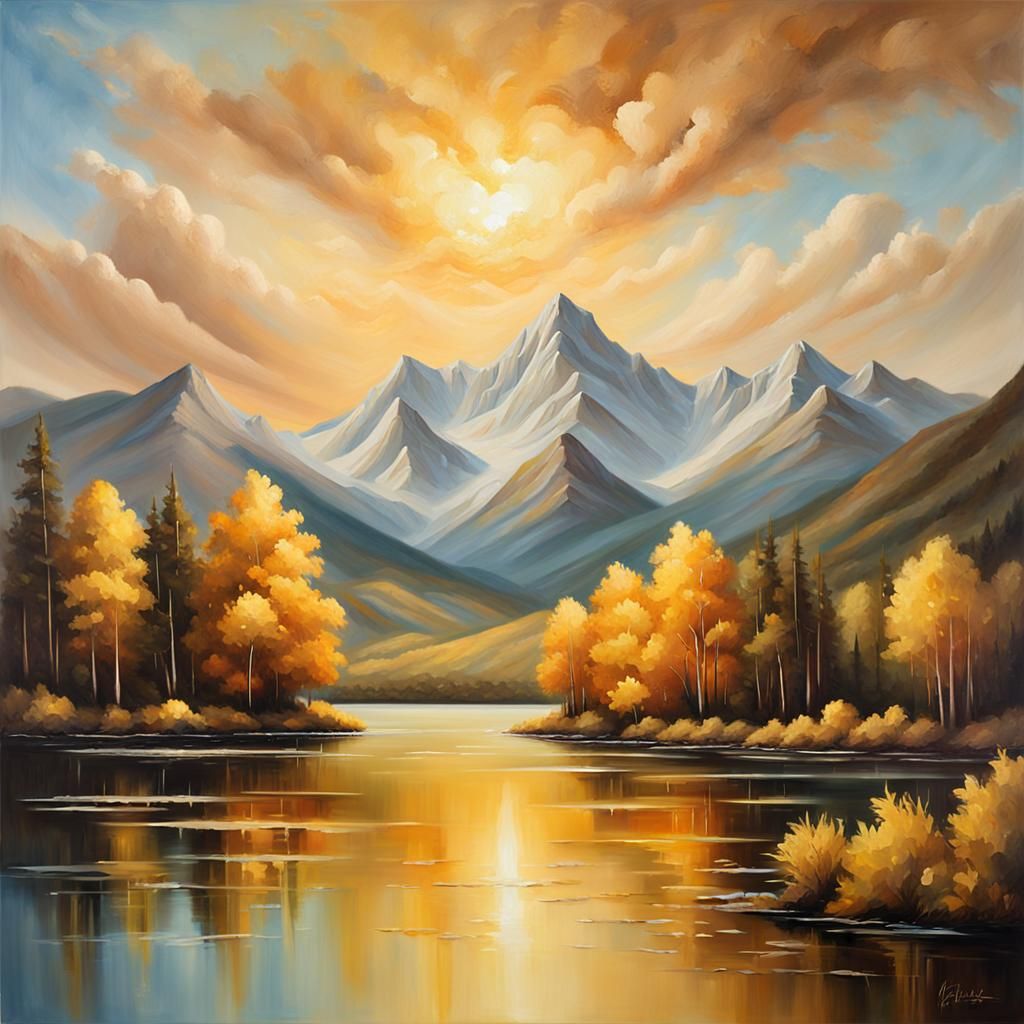 Serene Lake Landscape Oil Painting in Sfumato Style