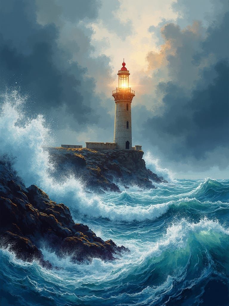 Dramatic Lighthouse in Turbulent Stormy Seas