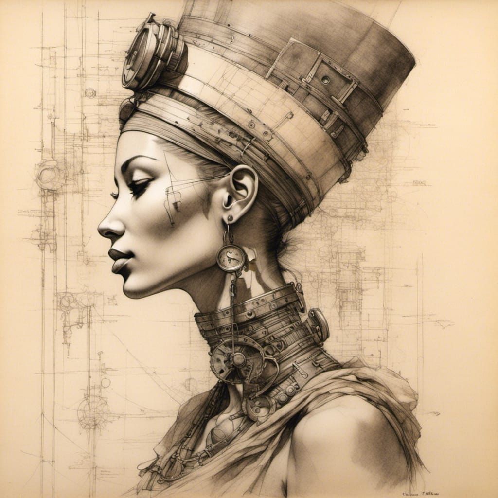 Steampunk Nefertiti Anatomy Sketch in Pencil