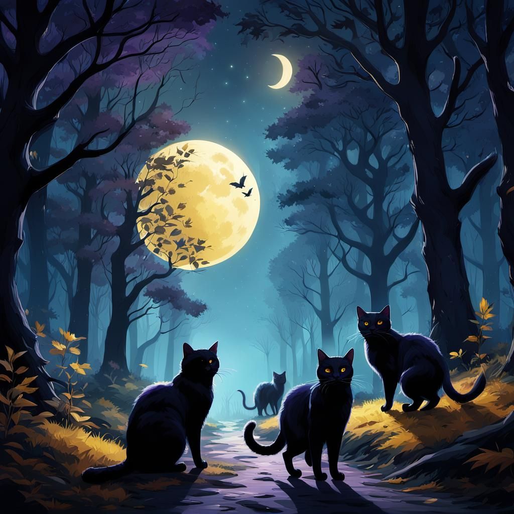 Black Cats Stalk a Forest Path at Night