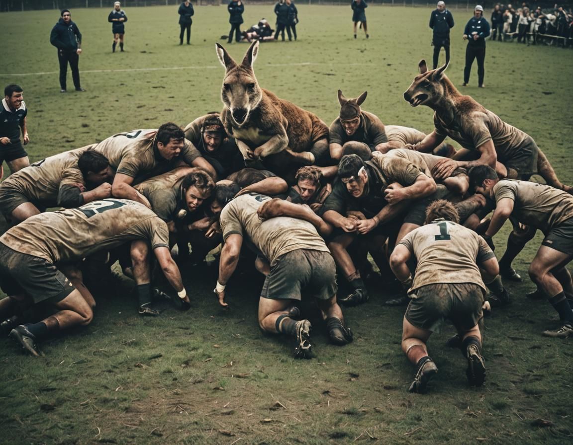 Kangaroo Joins Rugby Scrum: Cinematic Film Still