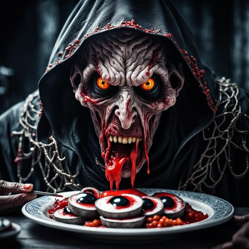 Hyperrealistic Warlock Eating Eyeballs in Sharp Focus