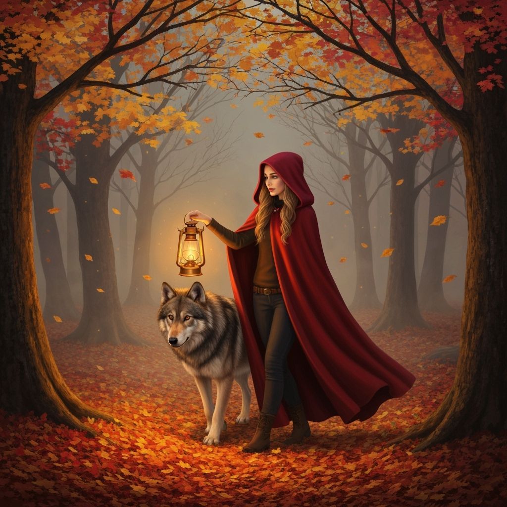 Red Cloak and Wolf Companion in Autumn Forest