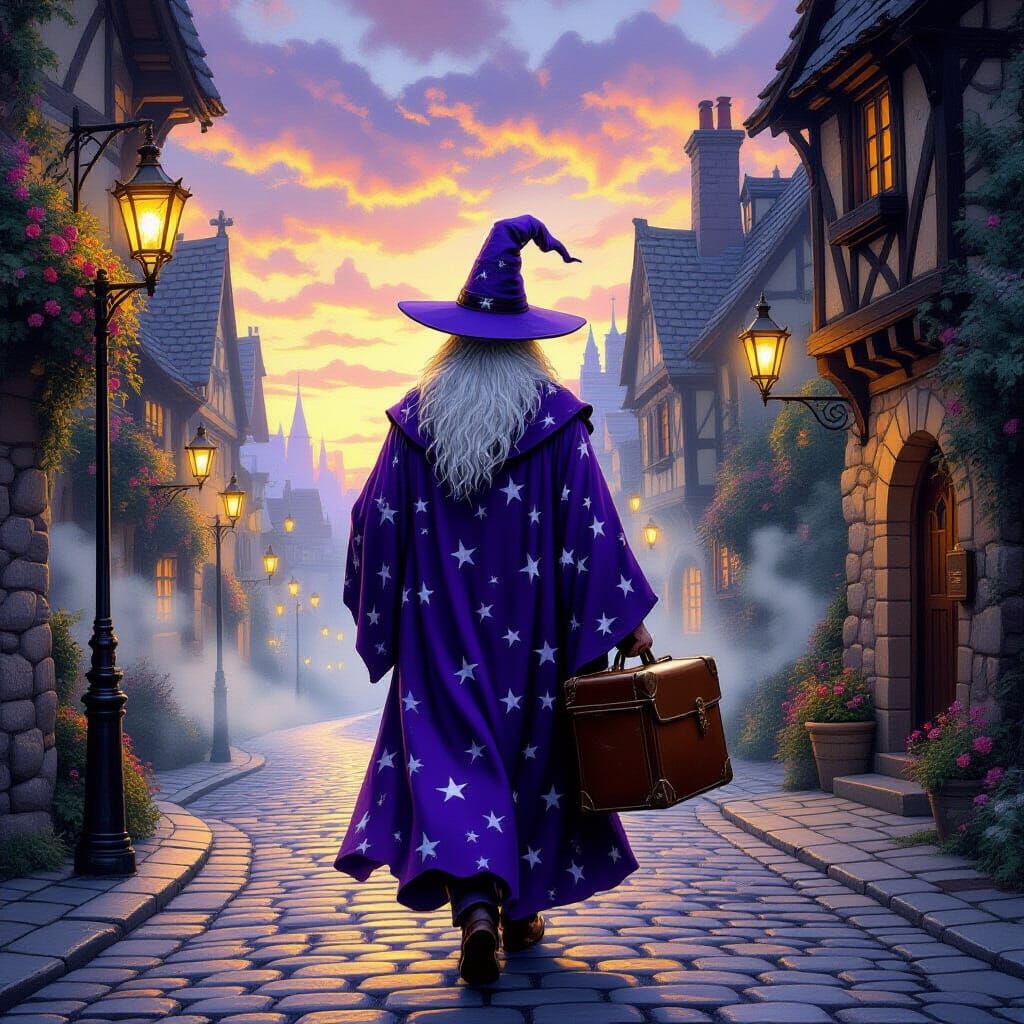 Wizard Commutes with Suitcase in Painterly Fantasy Art Style