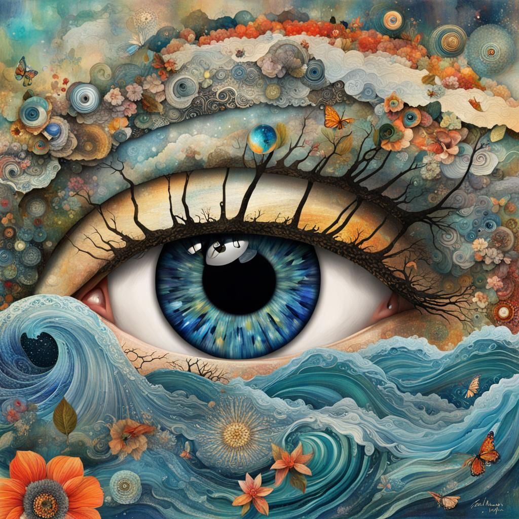 Collage Art Human Eye with Flowing Waves