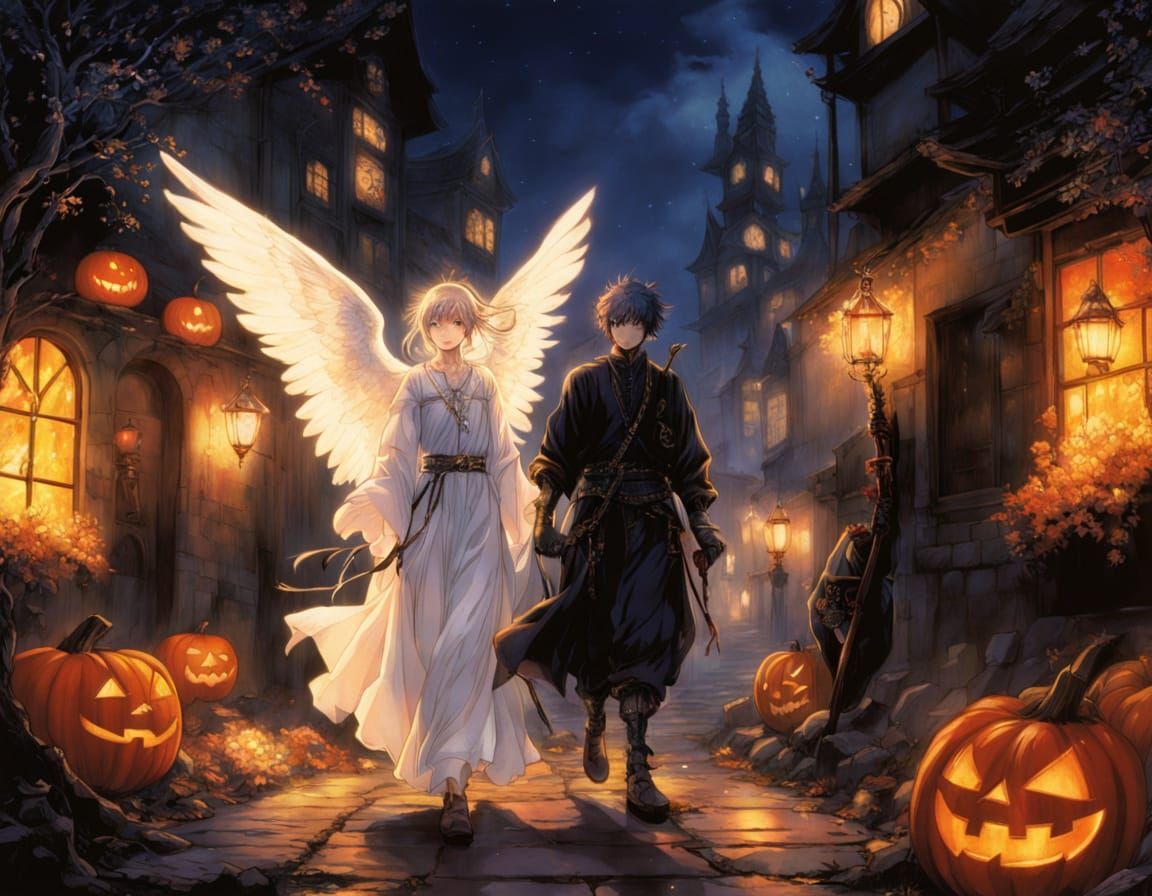 Angel and Demon Best Friends in Halloween Village
