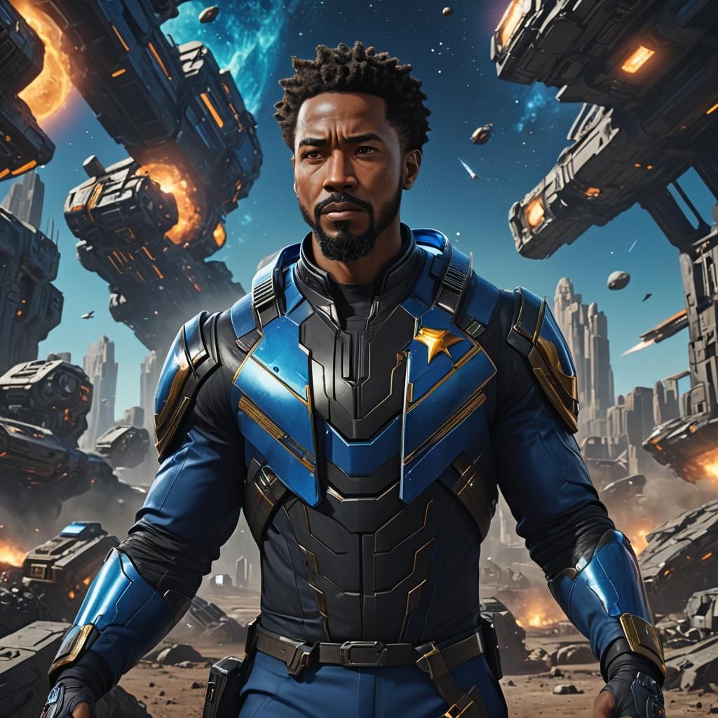 Black Space Ranger in Blue Suit: Digital Matte Painting
