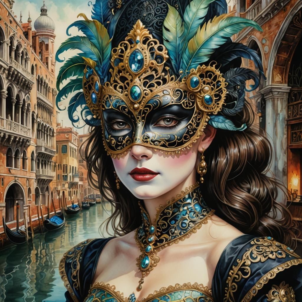 Venetian Masquerade Queen in Watercolor Style