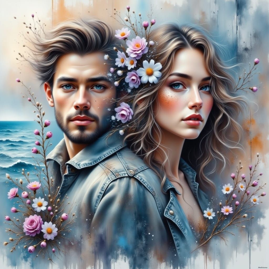 Ethereal Watercolour Portrait of a Young Couple by the Sea