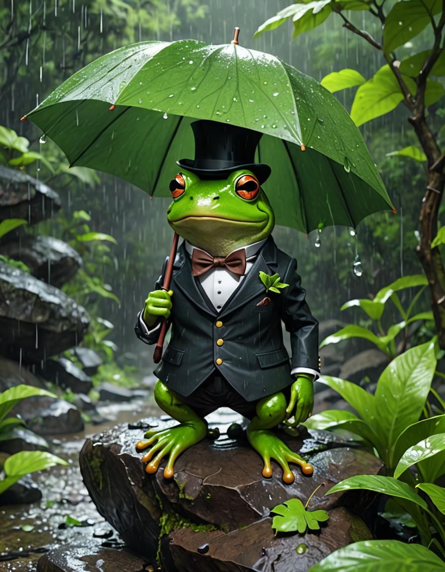 Dapper Frog in Suit with Leaf Umbrella, Anime Style