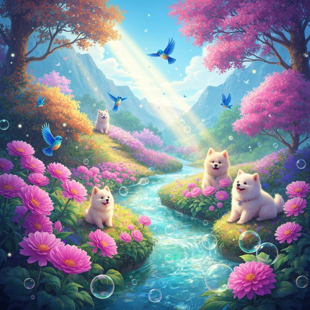 Ethereal Fantasy Landscape with Blooming Flowers and Fluffy ...