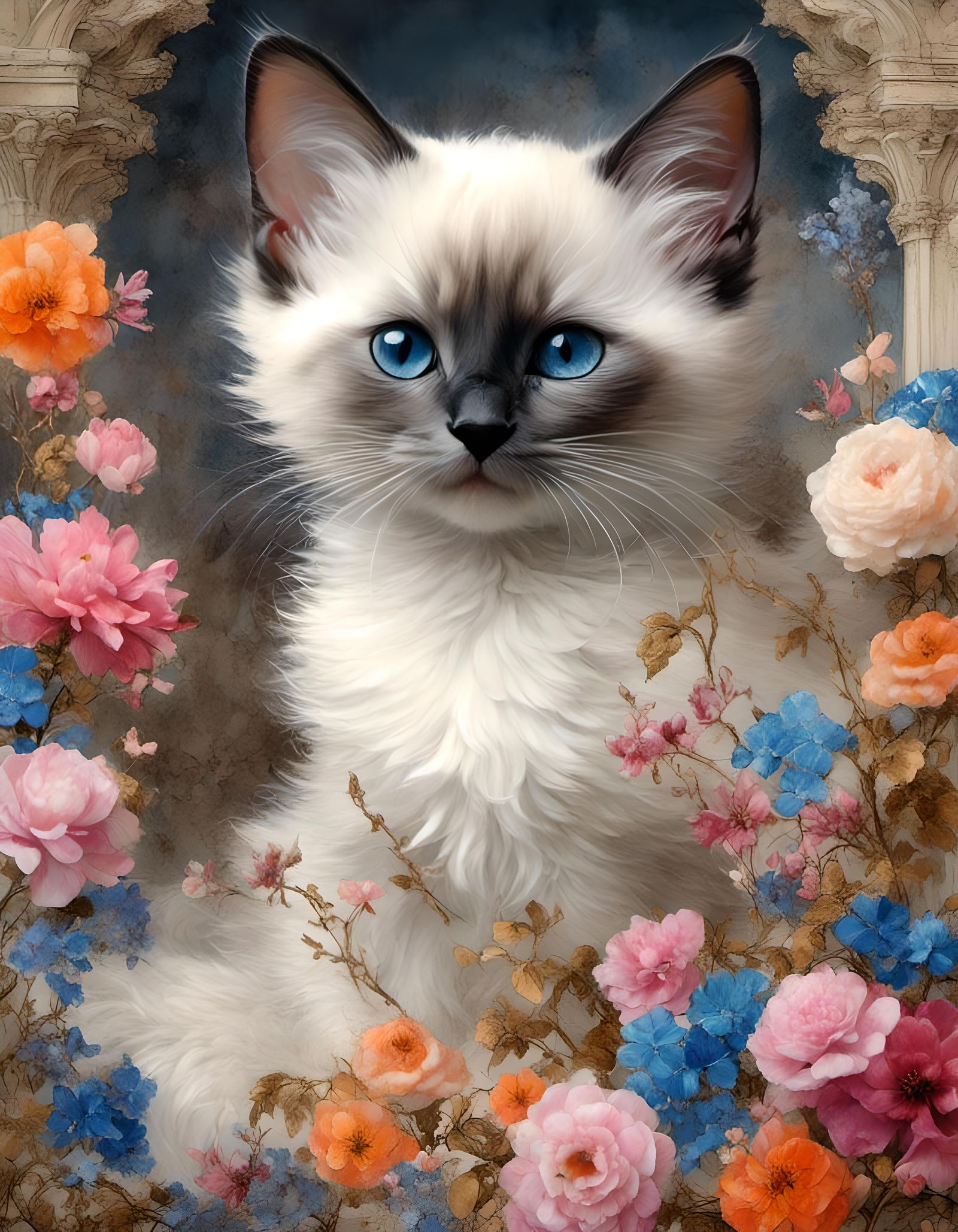 Siamese Kitten Portrait with Alcohol-Ink Flowers