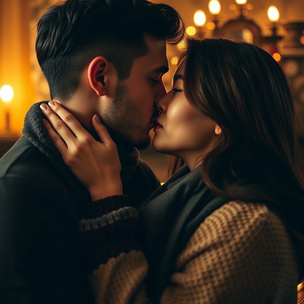 Romantic Couple Embracing by Warm Fireplace