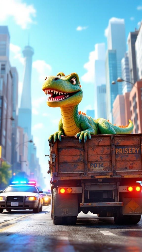 Pixar Dinosaur Lounging on Truck in Cityscape