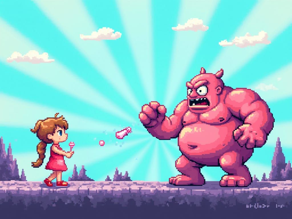 8-Bit Pixel Art of a Girl Throwing Tampons at a Comically Ex...