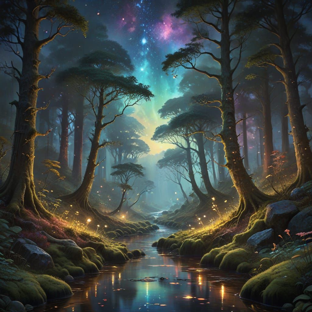 Dawn in Ancient Forest: Fantasy Landscape Painting