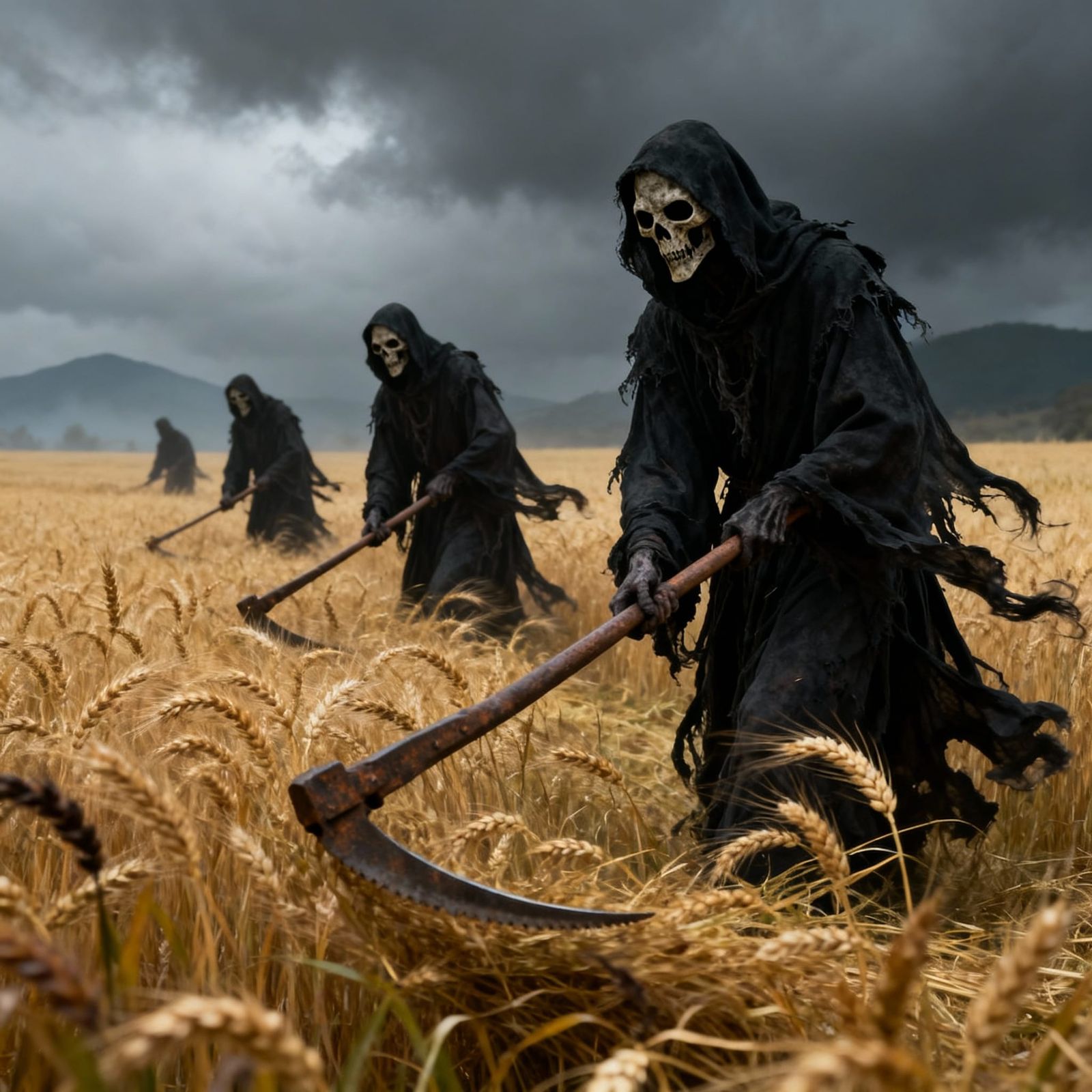 Grim Reapers Harvesting Wheat Field
