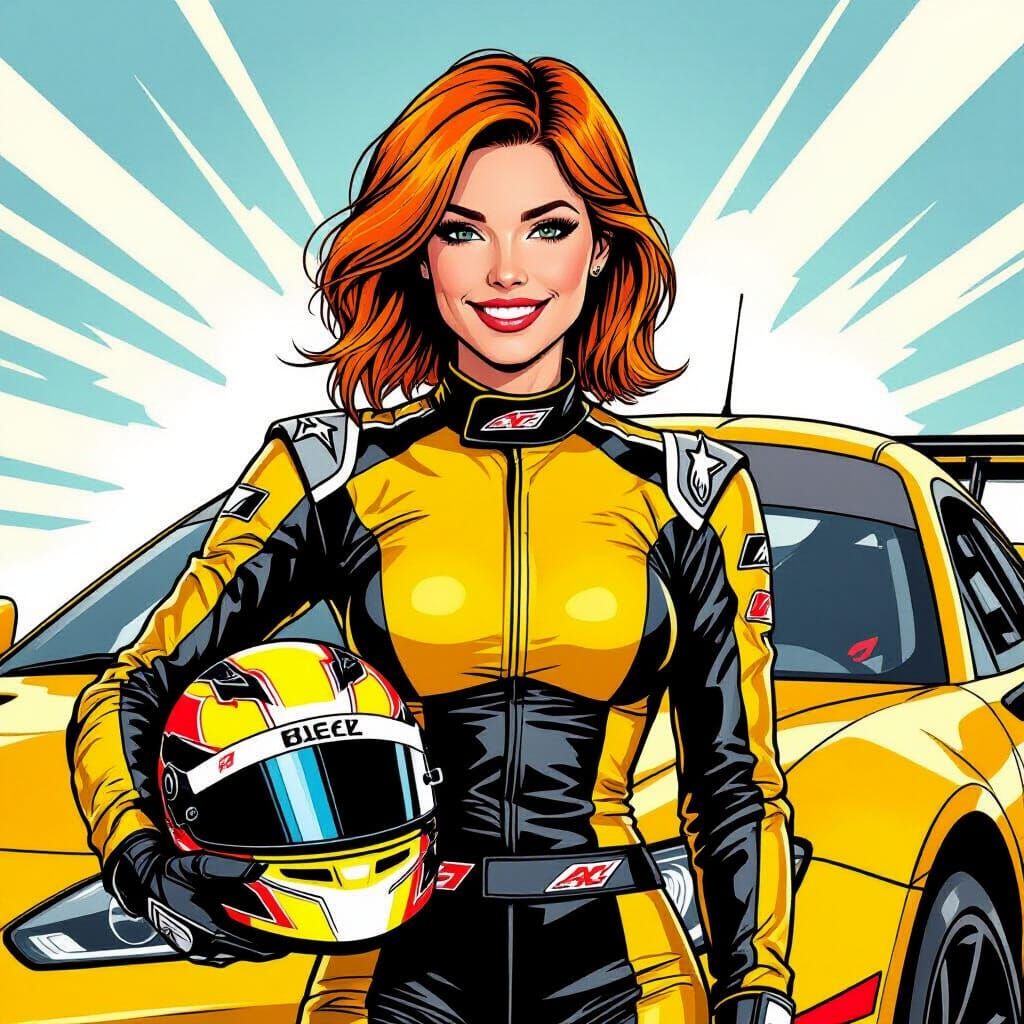 Female Racer in Yellow Black Latex Suit