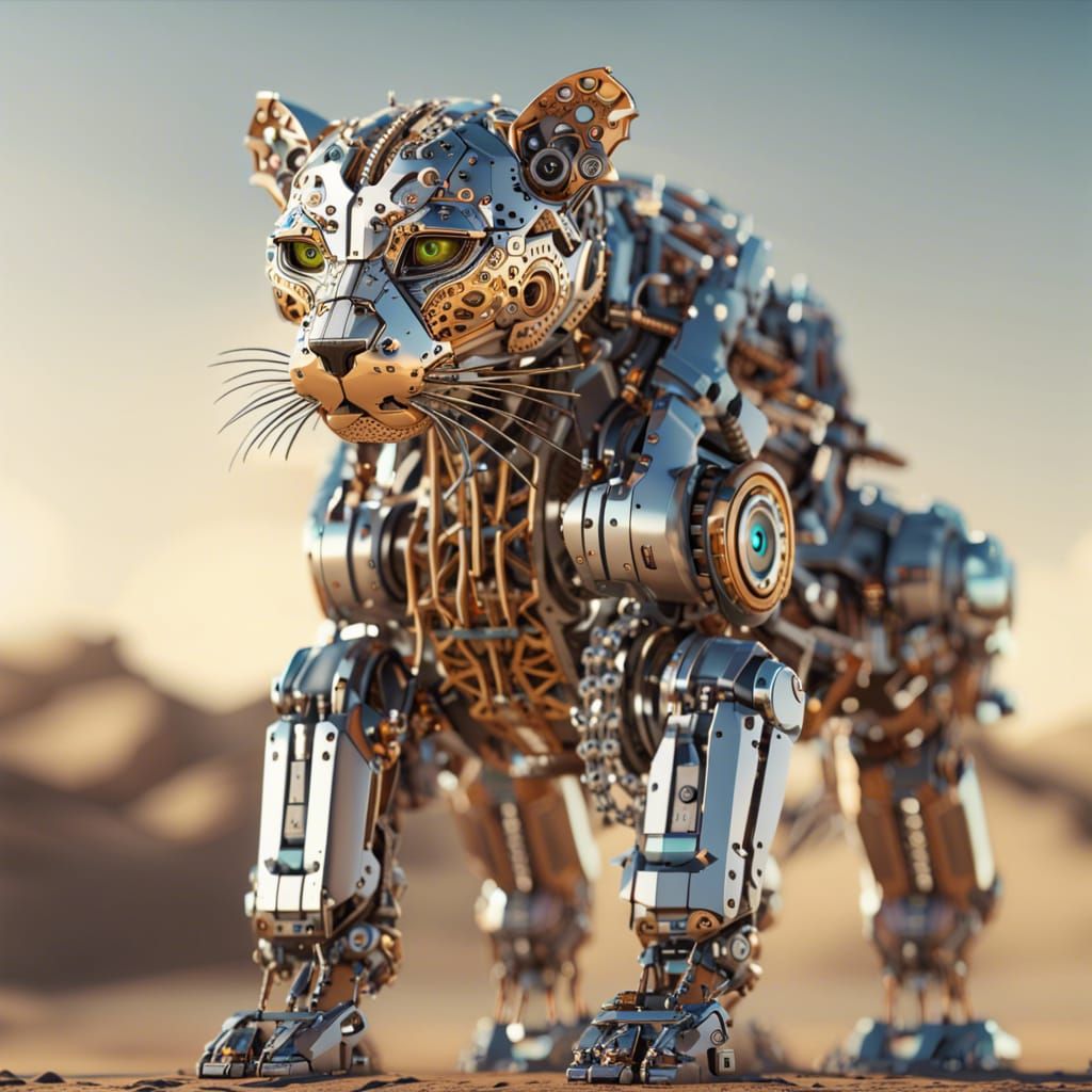 Robotic Leopard in Desert: Sci-Fi Metal Art