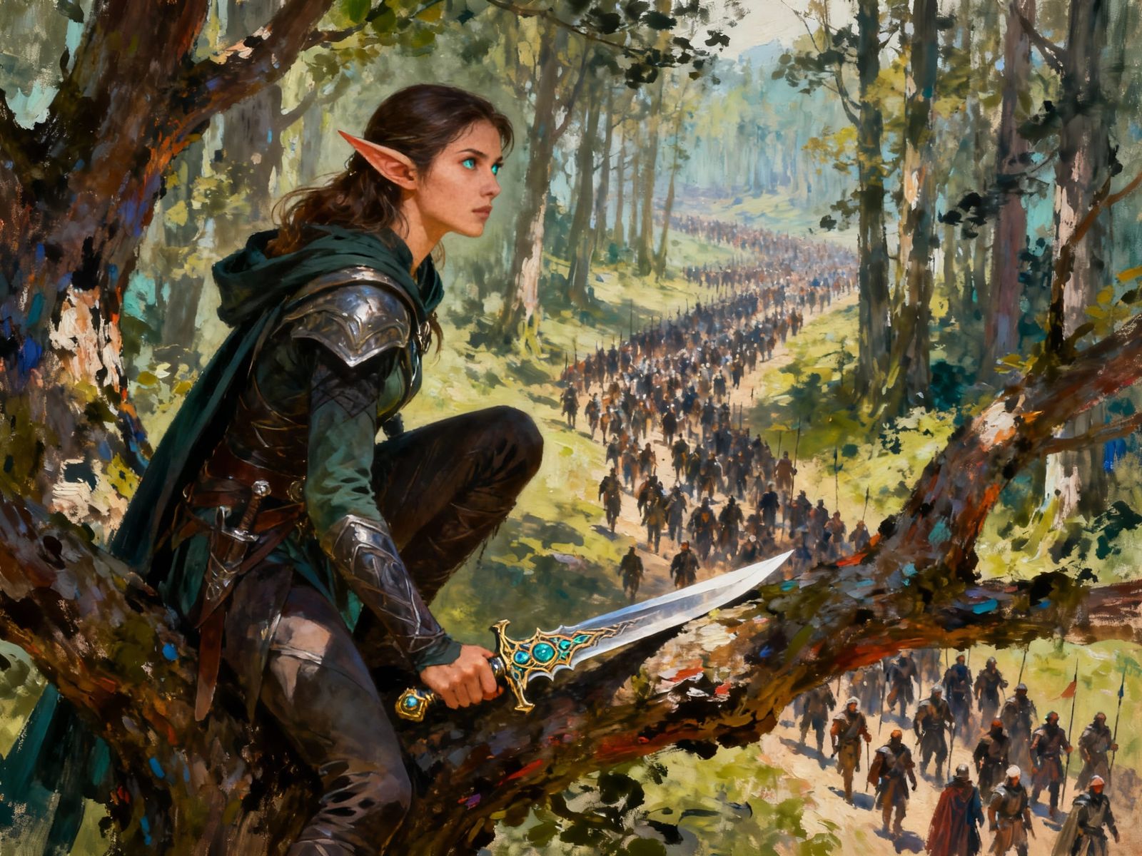 Elf Assassin Observes Army from Tree Branch in Oil Painting ...