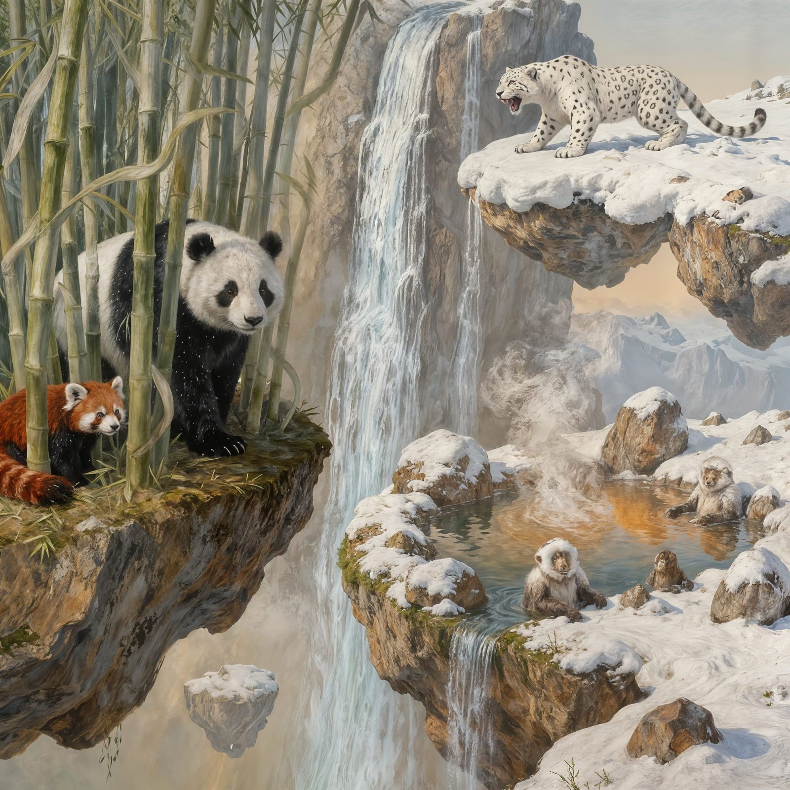 Surreal Dreamscape: Floating Islands, Pandas & Snow Leopards