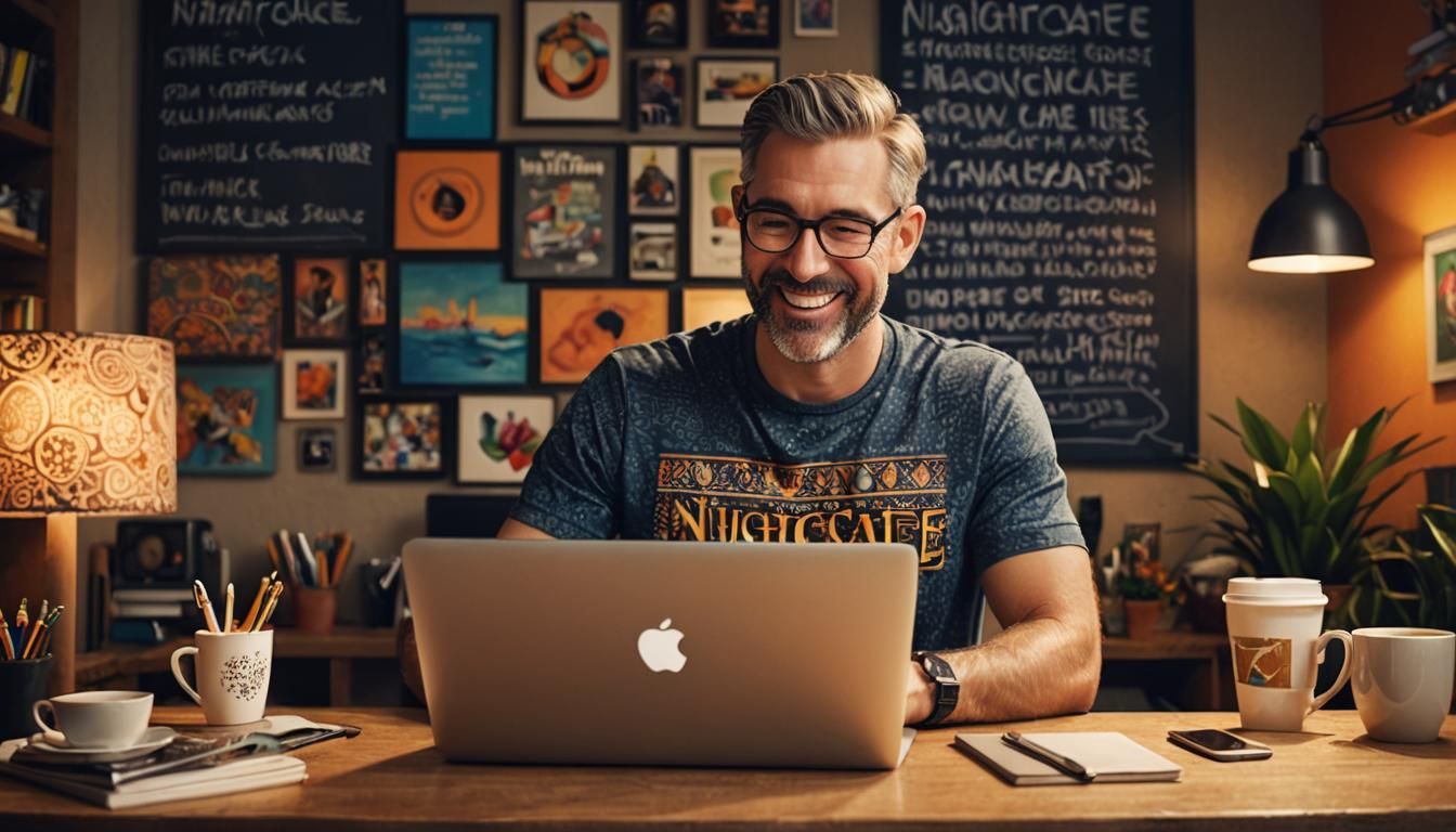 Happy Man Working on Laptop in Home Office