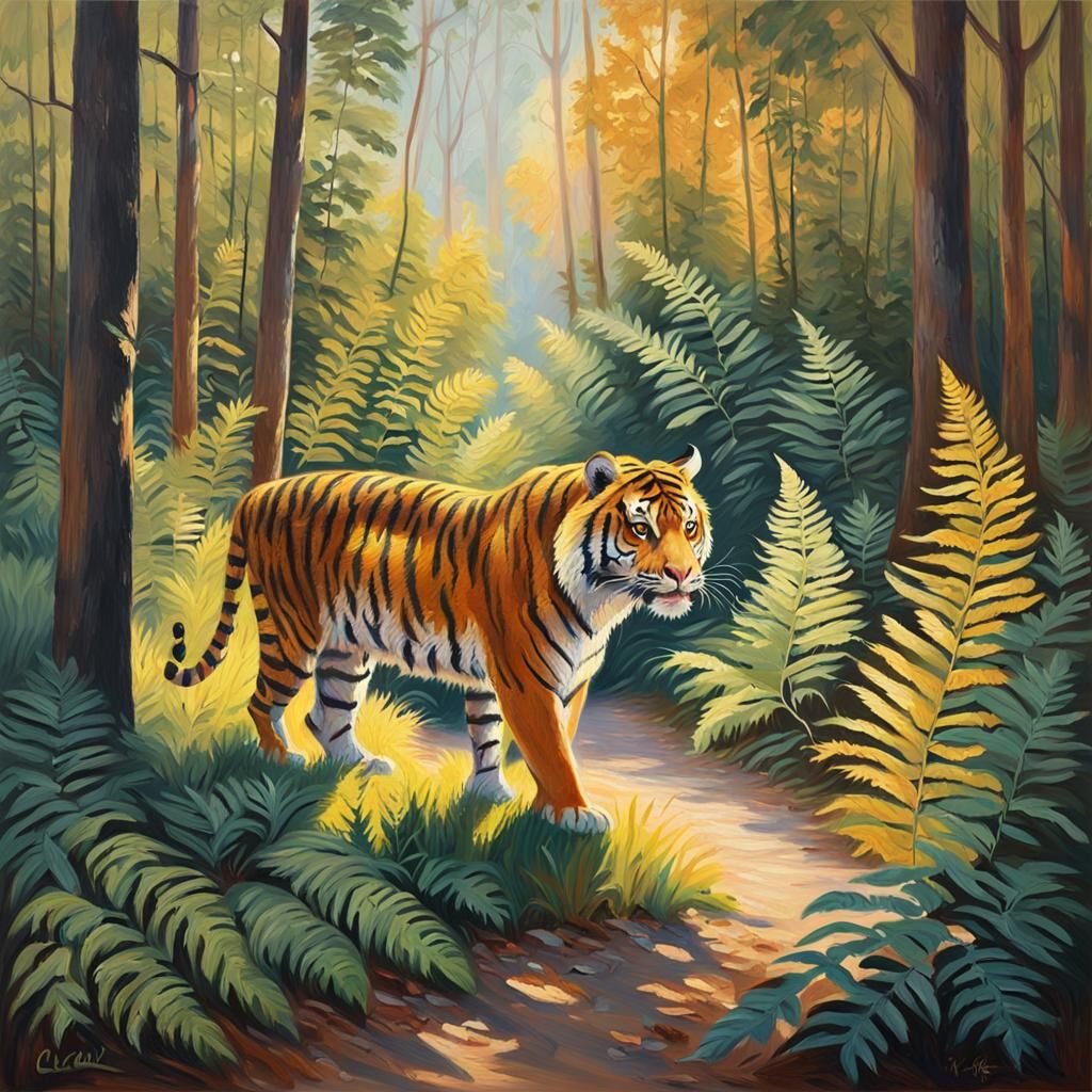 Tiger in Forest as Impressionistic Oil Painting