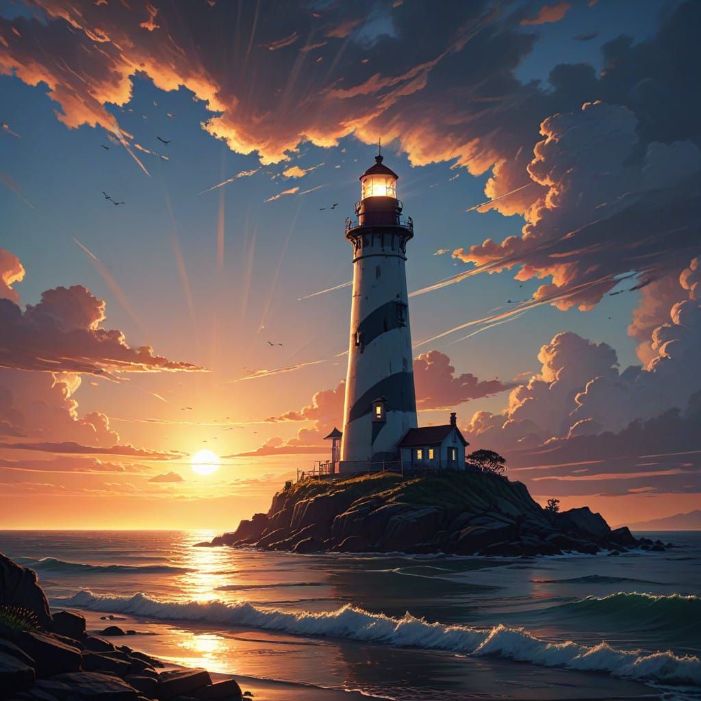 Ethereal Lighthouse Radiates Dawn's Warmth Amidst a Vibrant...