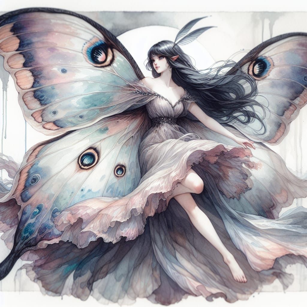 Ethereal Luna Moth Fairy in Watercolor Style