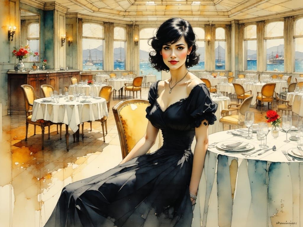 Barbara Stanwyck in Art Deco Cruise Ship Dining Room