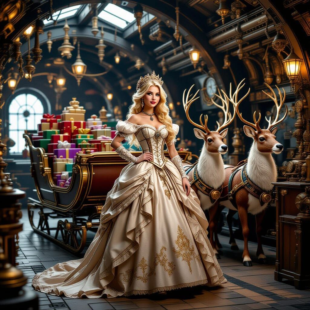 Steampunk Princess with Fantastical Reindeer in Workshop