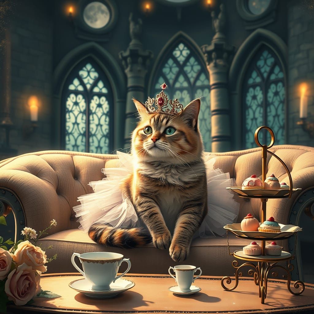 Whimsical Princess Cat in Enchanted Castle Setting