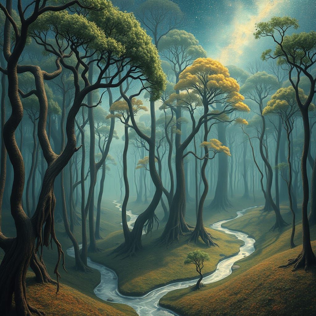 Floating Forest of Twisted Trees in Mid-Air