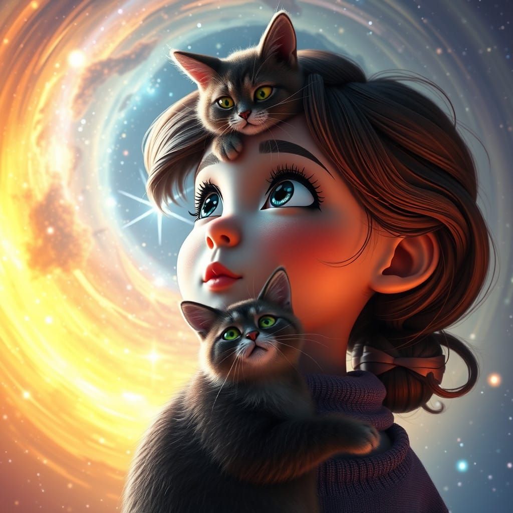 Ethereal Girl Enveloped by Infinite Stars, Swirling Cats, an...