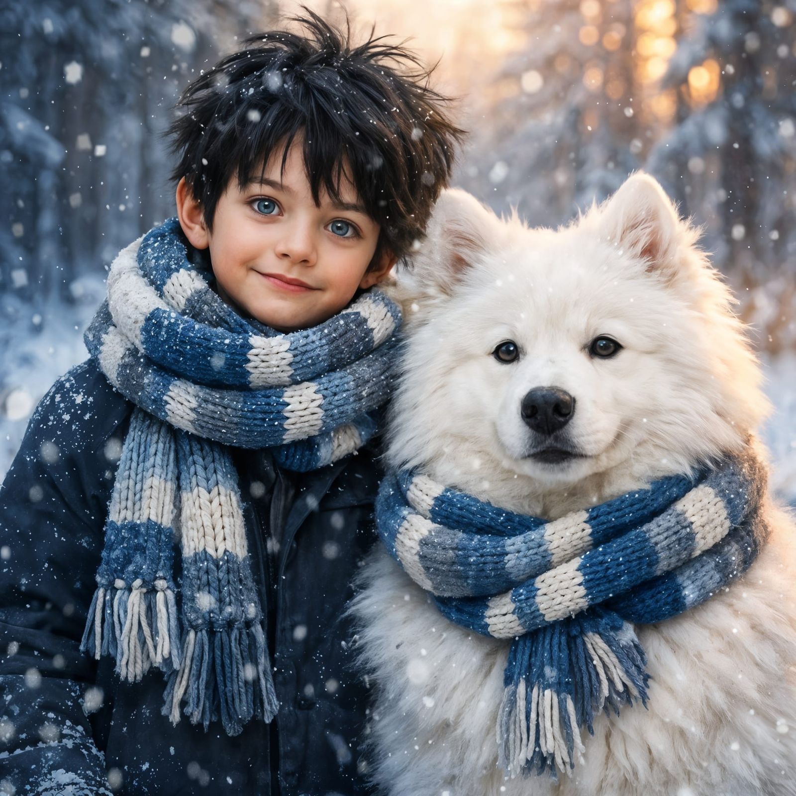 Boy and Dog in Snowy Forest with Matching Scarves