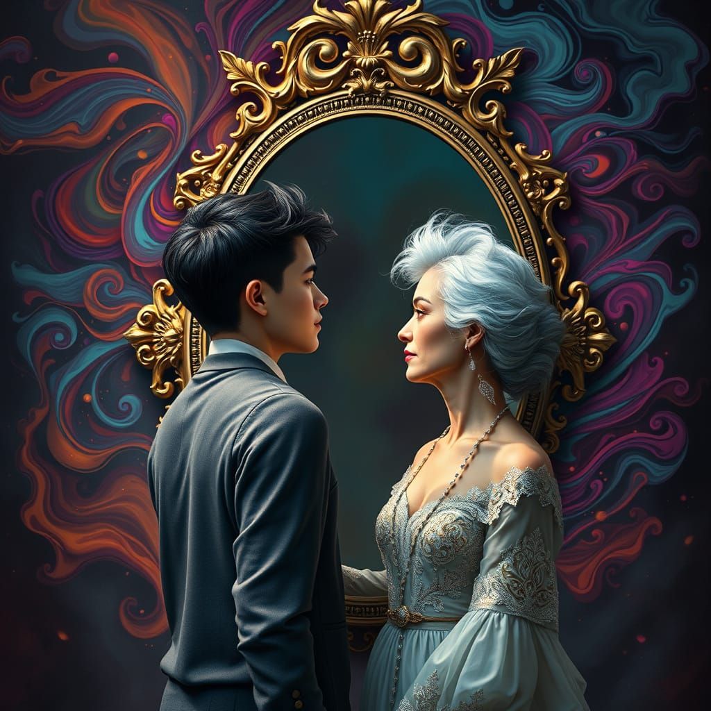 Young Couple Contemplates Time and Wisdom in Mystical Landsc...