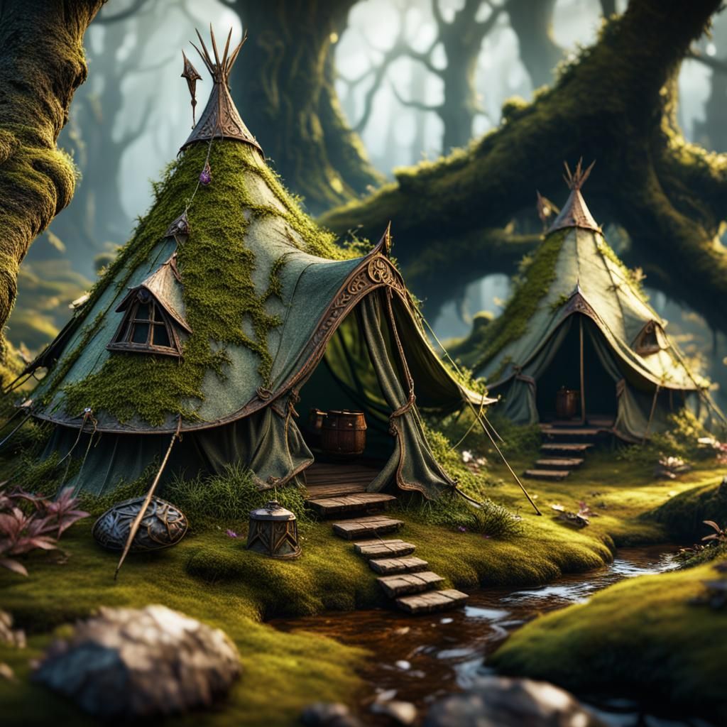 Detailed Fairy Tents on Mossy Branch