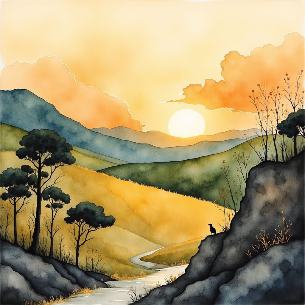 Whimsical Wabi-Sabi Sunset in Folk Art Watercolor