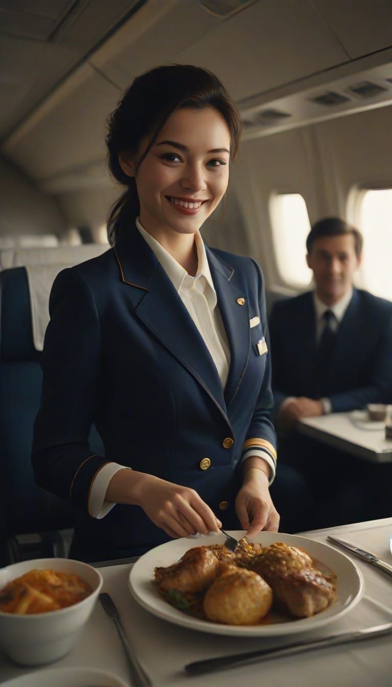 Smiling Stewardess Serving Meals on a 1970s Airplane