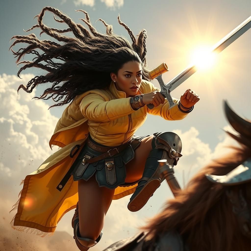 Black Gladiator Leaps in Metallic Futuristic Illustration