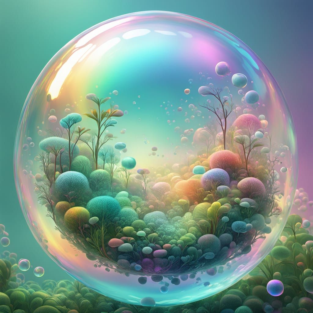 Ecosystem Inside Iridescent Rainbow Bubble: 3D Render