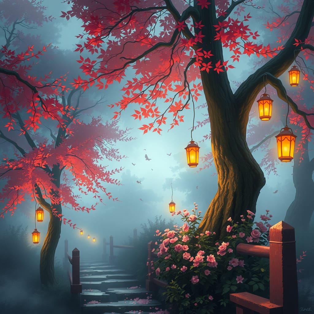 Ethereal Misty Landscape with Glowing Lanterns, Hyperdetaile...